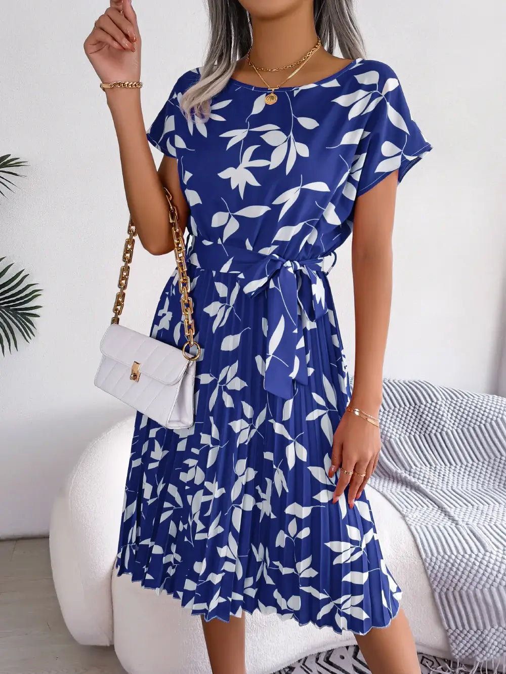 Printed Round Neck Short Sleeve Pleated Dress - Trendsi - Flyclothing LLC