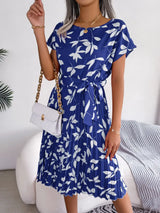 Printed Round Neck Short Sleeve Pleated Dress - Trendsi - Flyclothing LLC