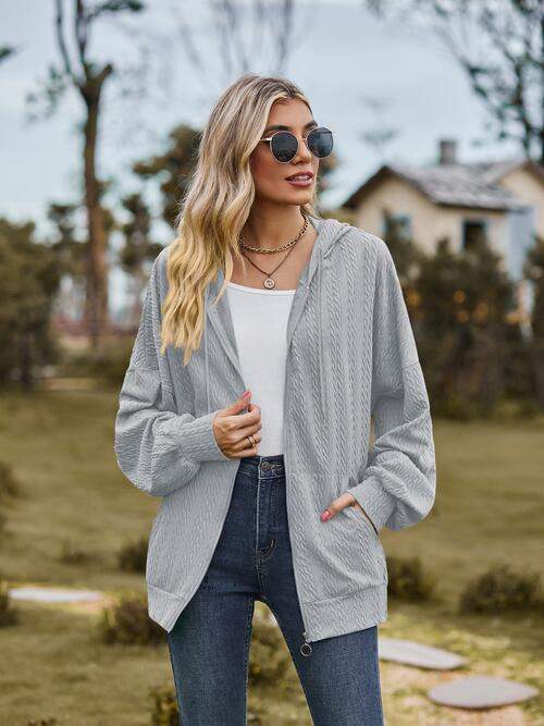 Zip Up Drawstring Long Sleeve Hooded Jacket - Trendsi - Flyclothing LLC