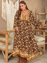Plus Size Printed V-Neck Balloon Sleeve Dress - Trendsi - Flyclothing LLC