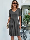 Pleated V-Neck Short Sleeve Tee Dress - Trendsi
