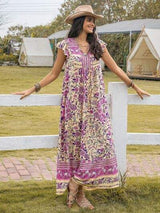Ruffled Printed Tie Neck Cap Sleeve Dress - Trendsi - Flyclothing LLC