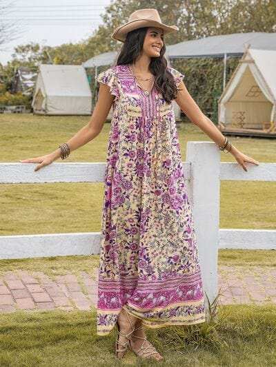 Ruffled Printed Tie Neck Cap Sleeve Dress - Trendsi - Flyclothing LLC