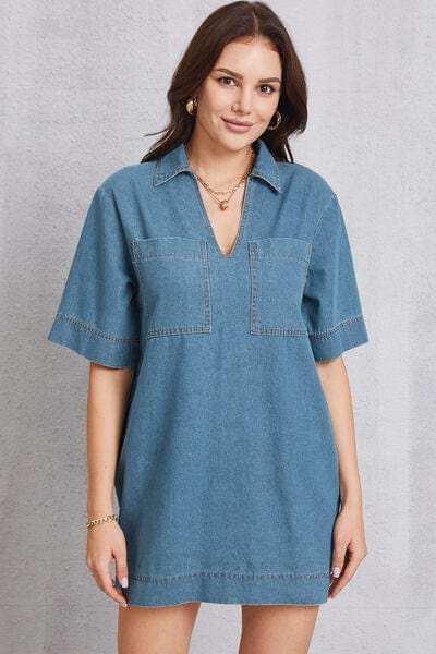 Pocketed Collared Neck Mini Denim Dress - Trendsi - Flyclothing LLC