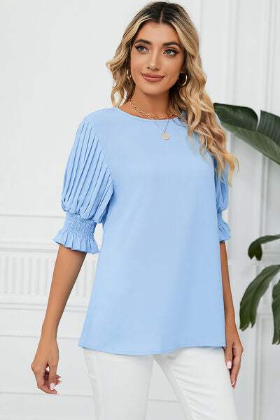 Frill Round Neck Lantern Sleeve T-Shirt - Trendsi - Flyclothing LLC