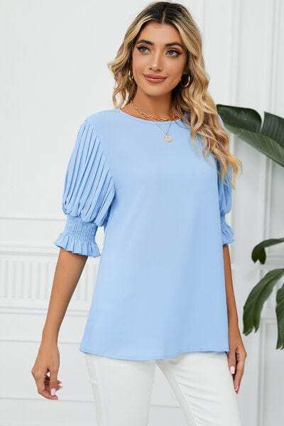 Frill Round Neck Lantern Sleeve T-Shirt - Trendsi - Flyclothing LLC