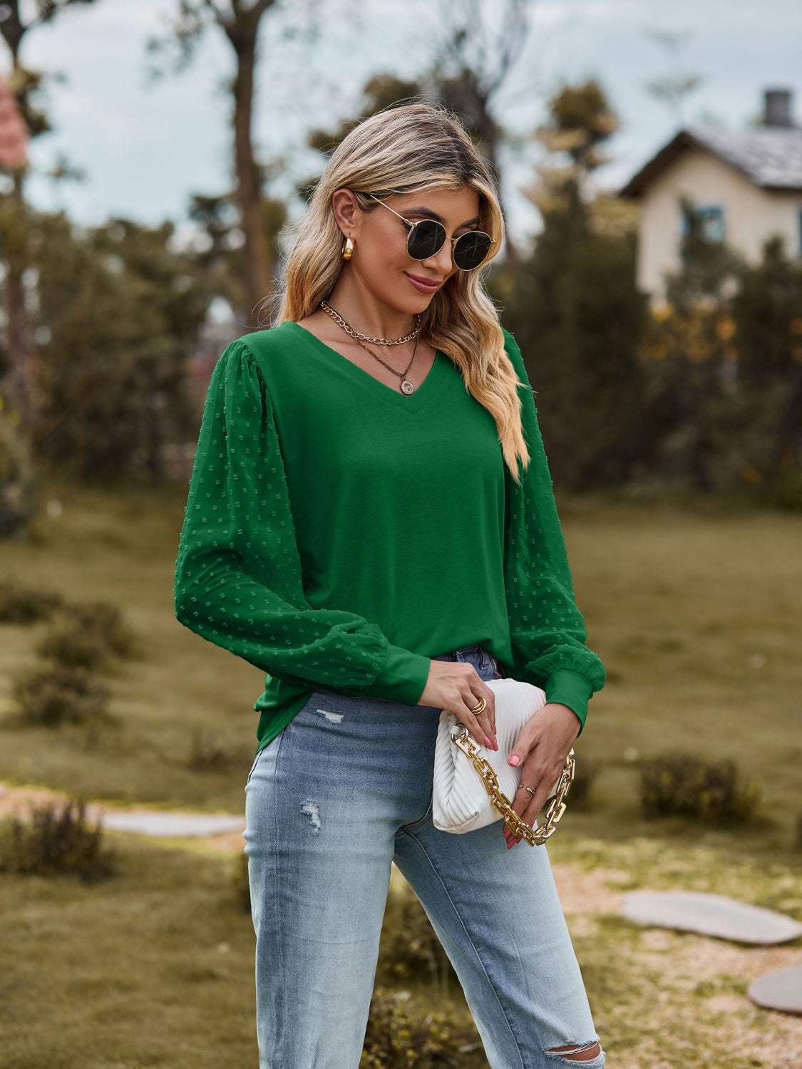 Swiss Dot V-Neck Long Sleeve Blouse - Trendsi - Flyclothing LLC