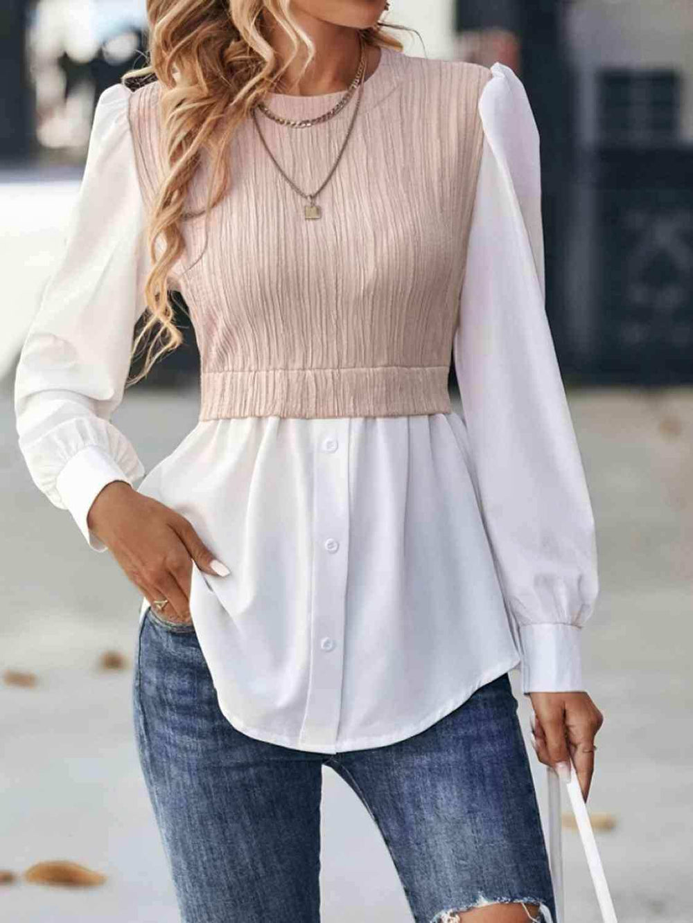 Contrast Round Neck Puff Sleeve Blouse - Trendsi - Flyclothing LLC