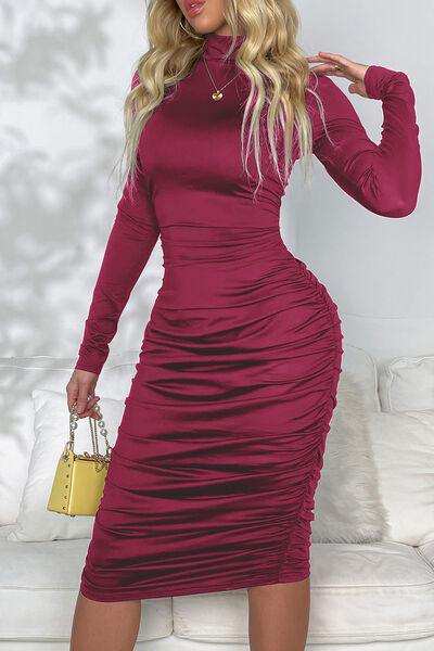 Ruched Mock Neck Long Sleeve Dress - Trendsi - Flyclothing LLC