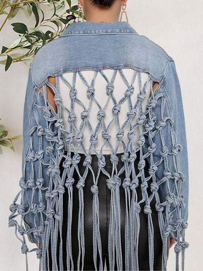 Tie Detail Button Up Denim Jacket with Pockets - Trendsi - Flyclothing LLC