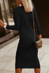 Ruched Surplice Long Sleeve Midi Dress - Trendsi - Flyclothing LLC