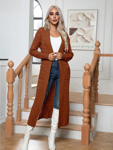Cable-Knit Open Front Cardigan with Pockets - Trendsi