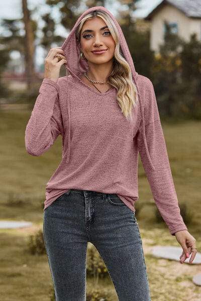 Drawstring Dropped Shoulder Hooded T-Shirt - Trendsi - Flyclothing LLC