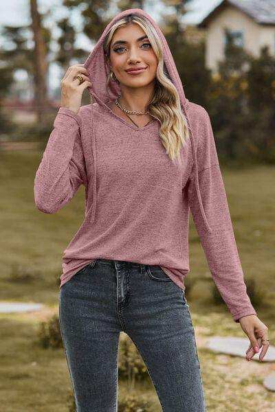 Drawstring Dropped Shoulder Hooded T-Shirt - Trendsi - Flyclothing LLC