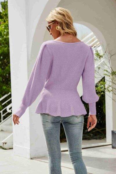 （No）Ribbed Round Neck Lantern Sleeve Sweater - Trendsi - Flyclothing LLC