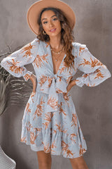 Floral Deep V Flounce Sleeve Mini Dress - Trendsi