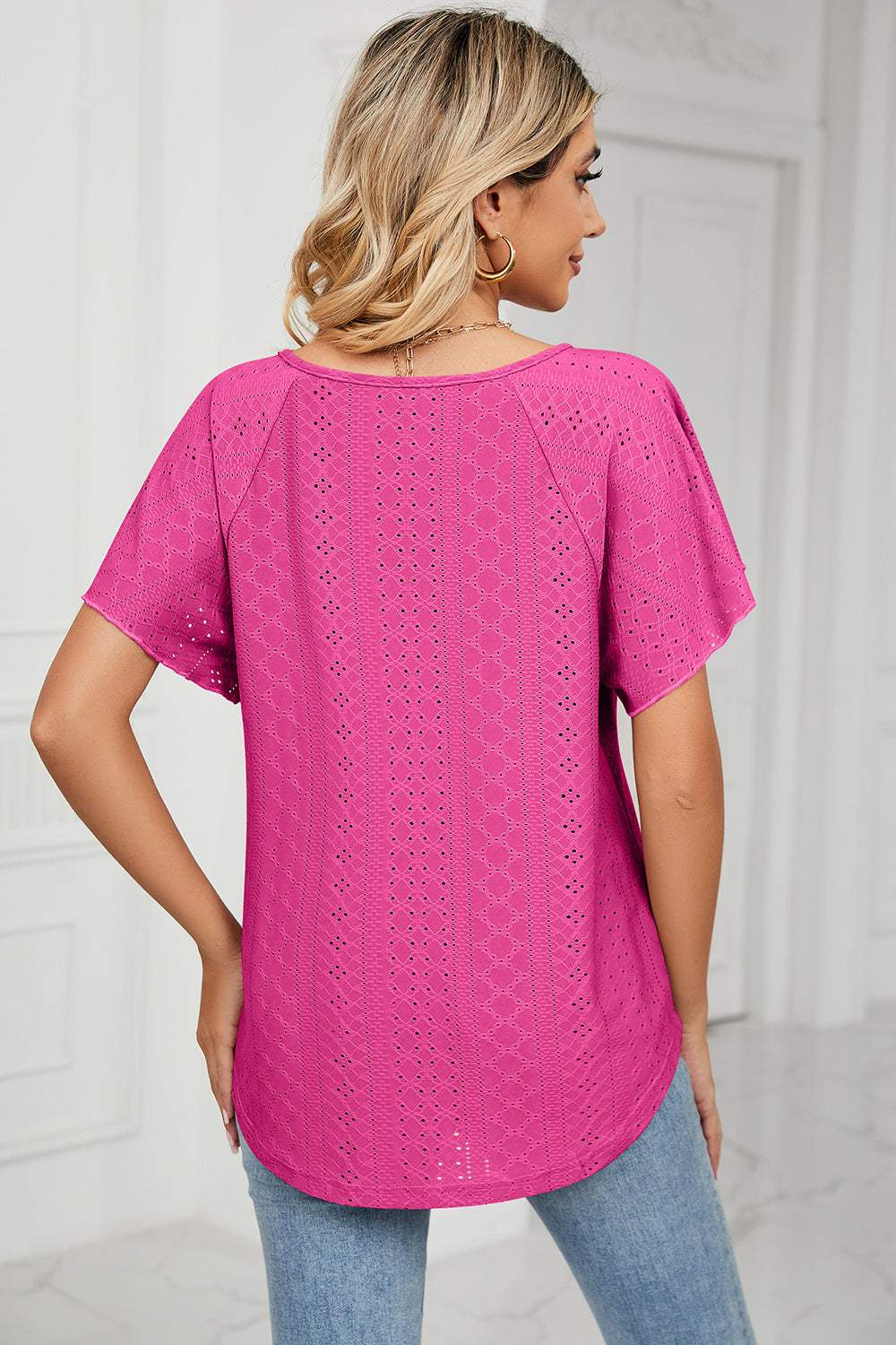 Eyelet Tie Neck Flutter Sleeve Blouse - Trendsi - Flyclothing LLC