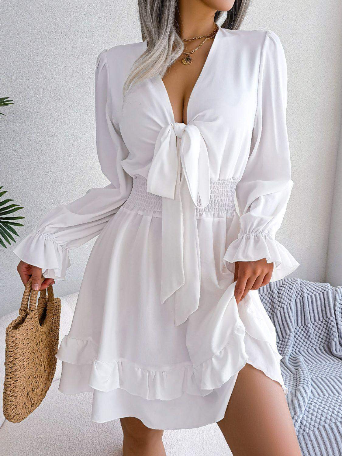 Tie Front Smocked Waist Flounce Sleeve Dress - Trendsi - Flyclothing LLC