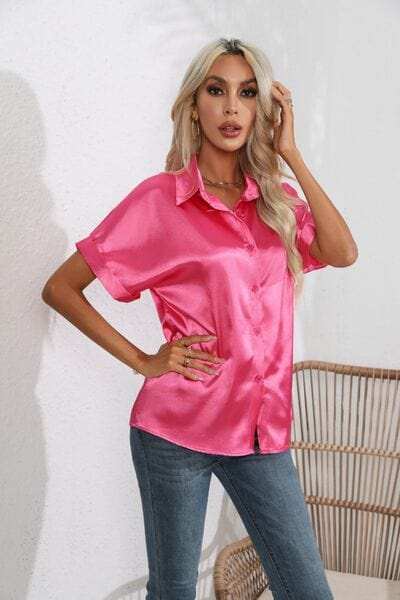Collared Neck Short Sleeve Shirt - Trendsi - Flyclothing LLC