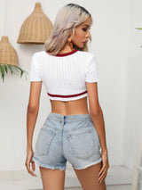 Contrast Round Neck Short Sleeve Cropped Knit Top - Trendsi - Flyclothing LLC