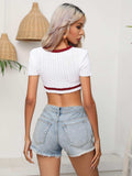 Contrast Round Neck Short Sleeve Cropped Knit Top - Trendsi - Flyclothing LLC