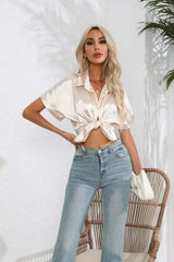 Collared Neck Short Sleeve Shirt - Trendsi - Flyclothing LLC