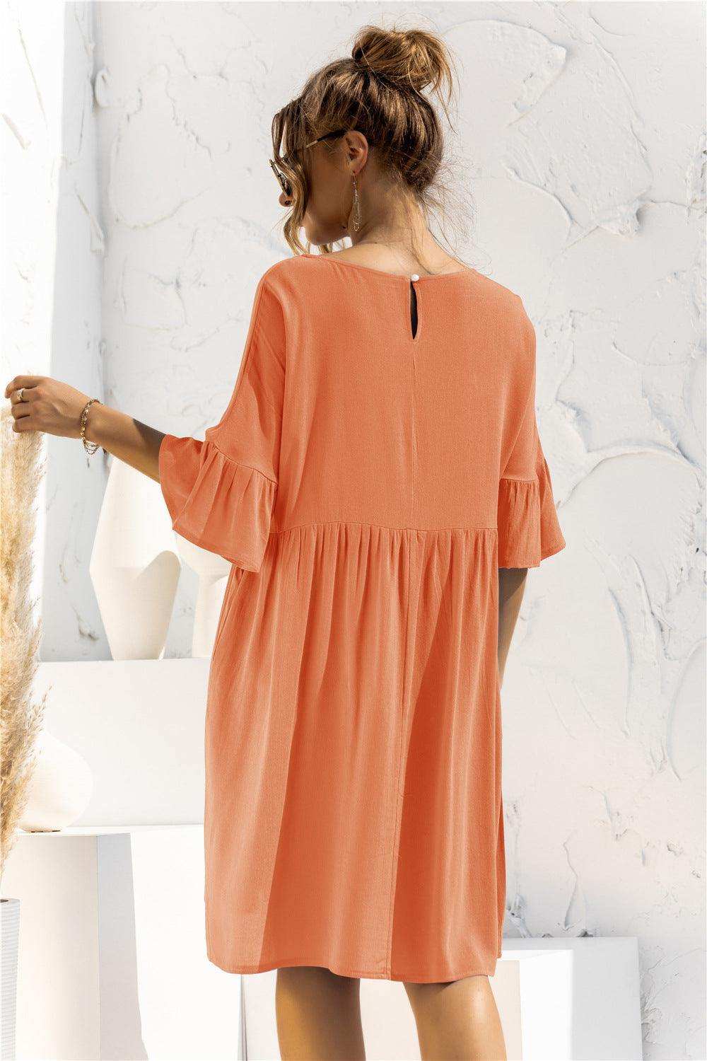 Boat Neck Flounce Sleeve Knee-Length Dress - Trendsi - Flyclothing LLC