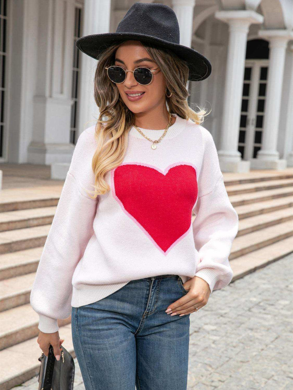 Heart Graphic Round Neck Sweater - Trendsi - Flyclothing LLC