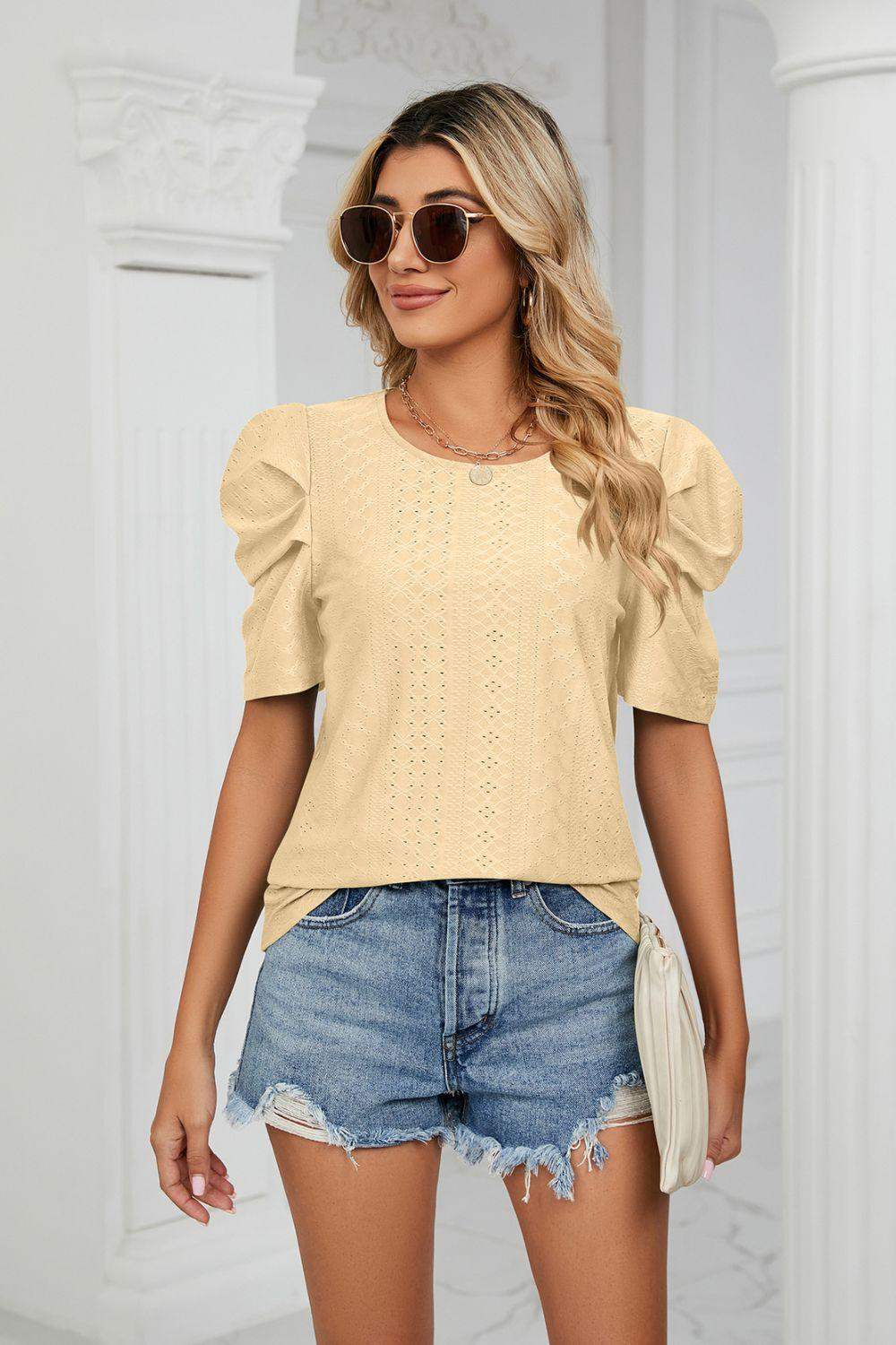 Eyelet Puff Sleeve Round Neck Blouse - Trendsi - Flyclothing LLC