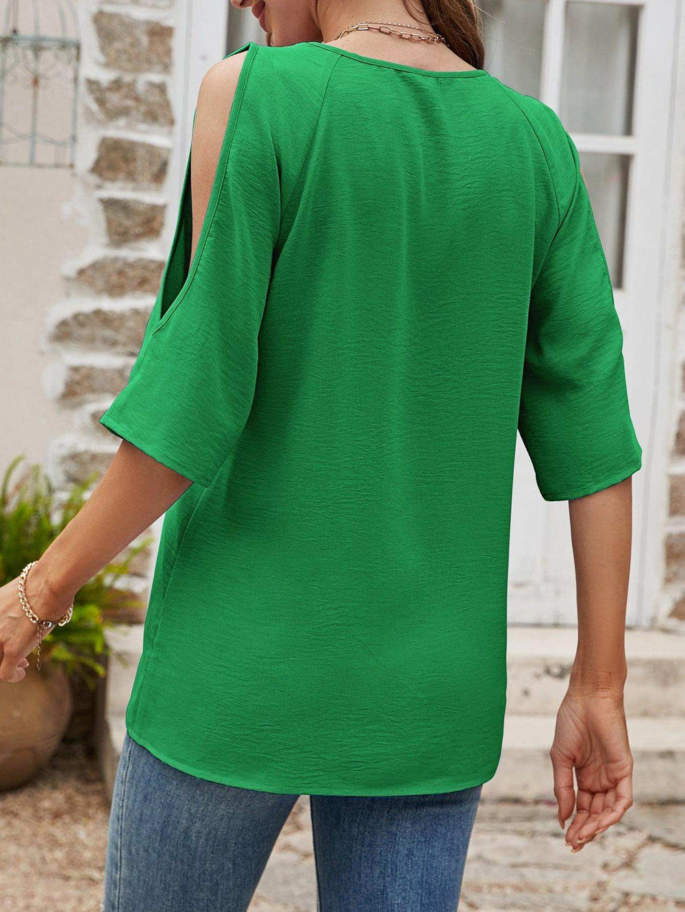 Textured Round Neck Split Sleeve Top - Trendsi - Flyclothing LLC