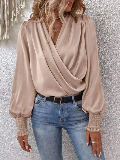 Surplice Smocked Lantern Sleeve Blouse - Trendsi - Flyclothing LLC