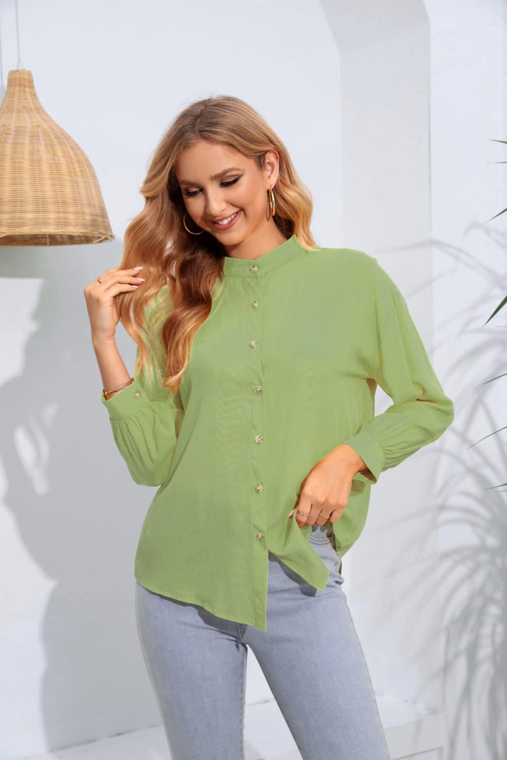 Mock Neck Buttoned Long Sleeve Shirt - Trendsi