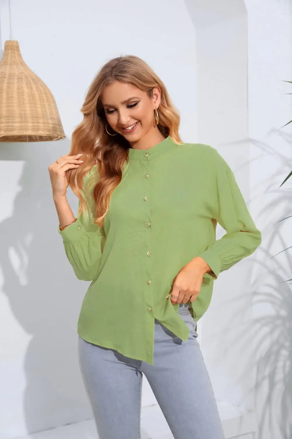 Mock Neck Buttoned Long Sleeve Shirt - Trendsi - Flyclothing LLC