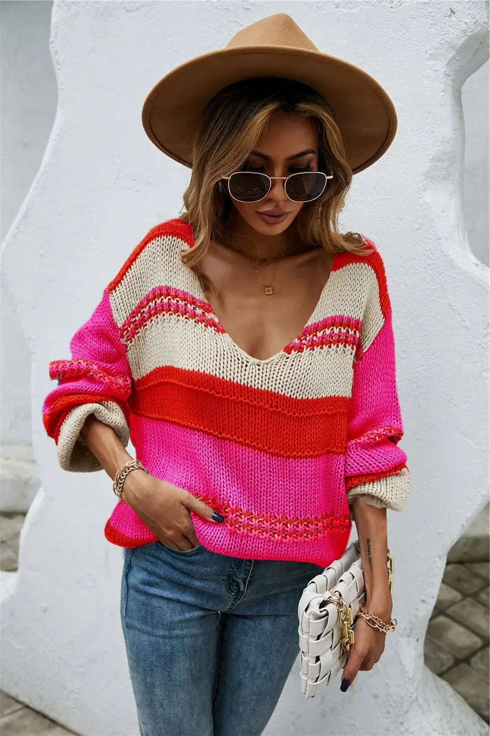 Color Block Scoop Neck Dropped Shoulder Sweater - Trendsi - Flyclothing LLC