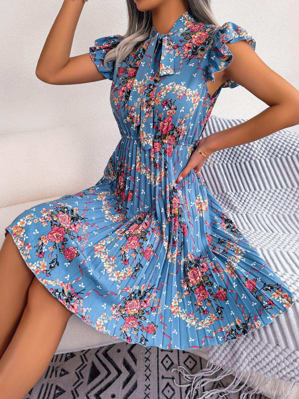Pleated Floral Printed Tie Neck Knee Length Dress - Trendsi - Flyclothing LLC
