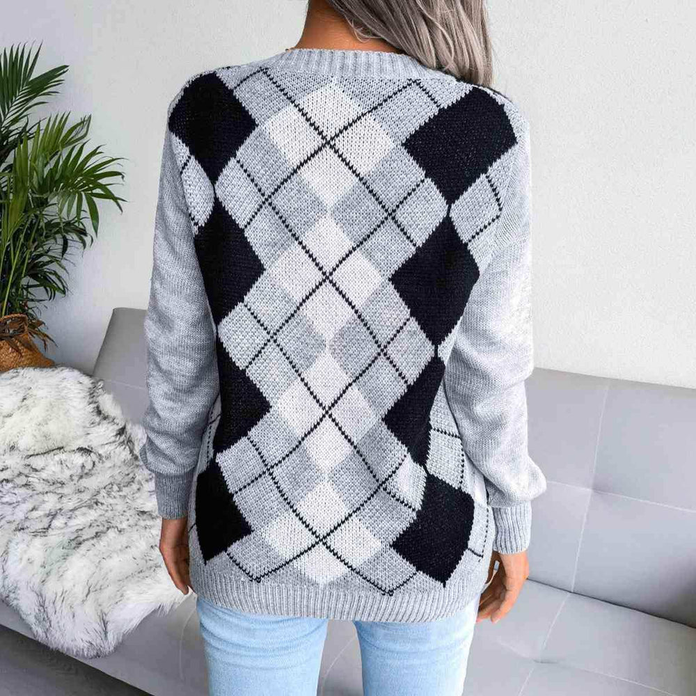 Geometric V-Neck Sweater - Trendsi - Flyclothing LLC