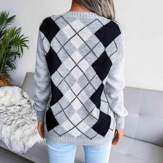 Geometric V-Neck Sweater - Trendsi