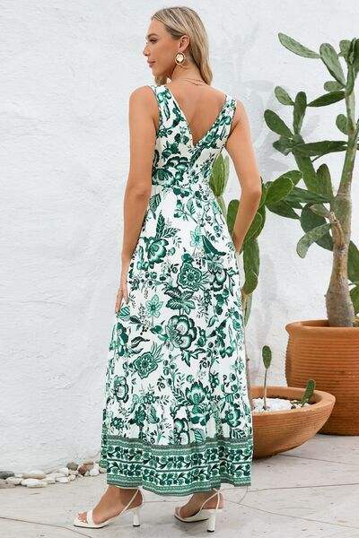 Printed V-Neck Wide Strap Dress - Trendsi - Flyclothing LLC