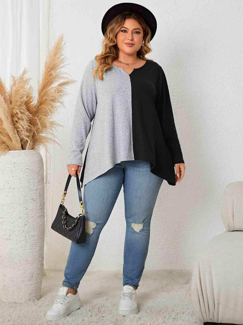 Plus Size Contrast Notched Neck T-Shirt - Trendsi - Flyclothing LLC