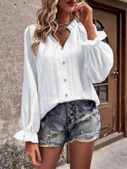 Notched Neck Flounce Sleeve Shirt - Trendsi