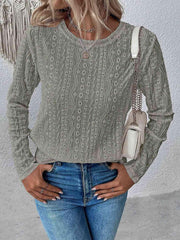 Eyelet Round Neck Long Sleeve Top - Trendsi