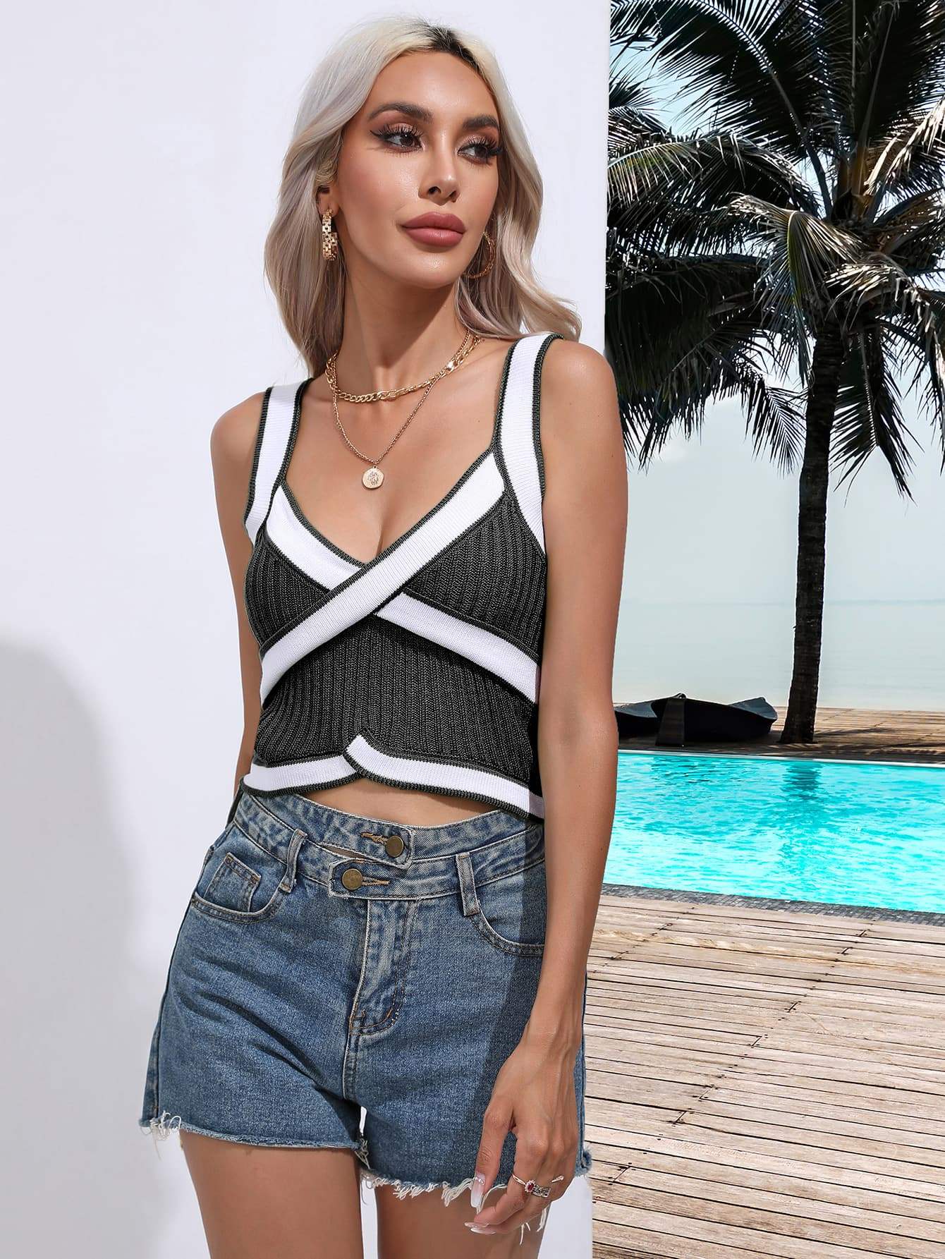 Contrast Crisscross Knit Tank - Trendsi - Flyclothing LLC