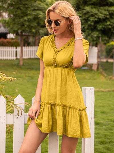 Frill V-Neck Short Sleeve Ruffle Hem Dress - Trendsi - Flyclothing LLC