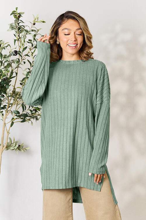 Basic Bae Full Size Ribbed Round Neck Long Sleeve Slit Top - Trendsi - Flyclothing LLC