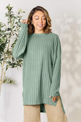 Basic Bae Full Size Ribbed Round Neck Long Sleeve Slit Top - Trendsi - Flyclothing LLC