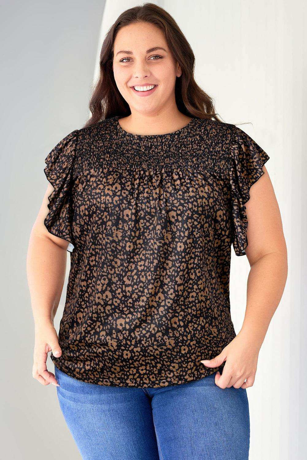 Plus Size Printed Smocked Butterfly Sleeve Blouse - Trendsi - Flyclothing LLC