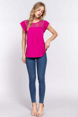 ACTIVE BASIC Ruffle Short Sleeve Lace Detail Knit Top - Trendsi - Flyclothing LLC