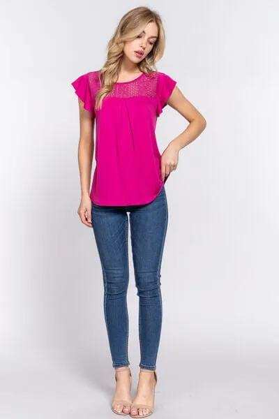 ACTIVE BASIC Ruffle Short Sleeve Lace Detail Knit Top - Trendsi - Flyclothing LLC