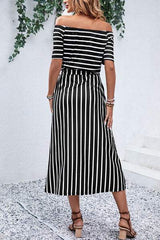 Slit Off-Shoulder Tie-Waist Midi Dress - Trendsi - Flyclothing LLC