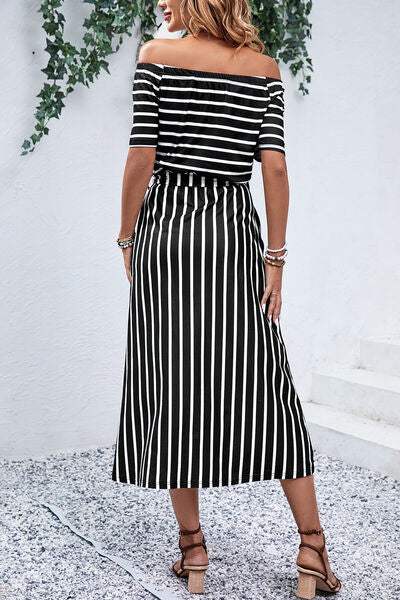 Slit Off-Shoulder Tie-Waist Midi Dress - Trendsi - Flyclothing LLC